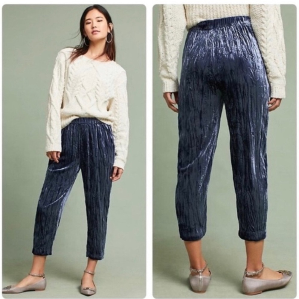 Anthropologie ett:twa Chic and comfe Blue Velvet Cropped Pants Women's Sz Medium